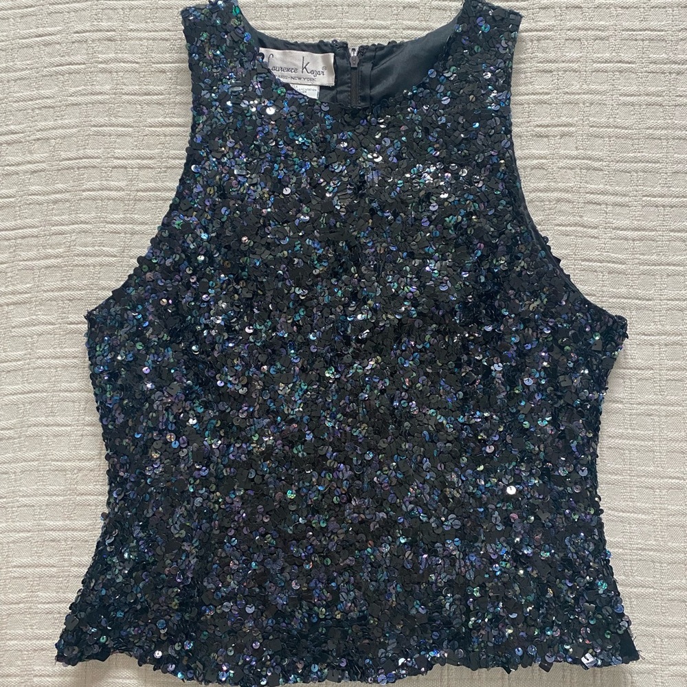 Laurence Kazar vintage black sequin shiny holiday fancy luxury blouse tank top.